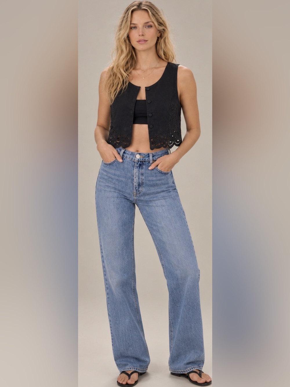WAYF Black Embroidered Crop Vest Small Boho Romantic Fairy Etherial Scallop Hem